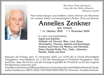 Traueranzeige von Annelies Zenkner von Allgäuer Zeitung, Kaufbeuren/Buchloe