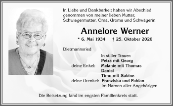 Traueranzeige von Annelore Werner von Allgäuer Zeitung,Kempten