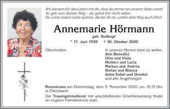 Traueranzeige von Annemarie Hörmann von Allgäuer Zeitung, Marktoberdorf