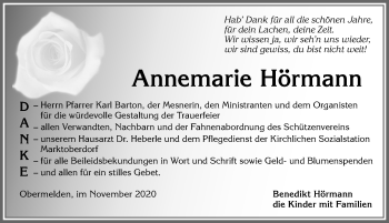 Traueranzeige von Annemarie Hörmann von Allgäuer Zeitung, Marktoberdorf