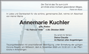 Traueranzeige von Annemarie Kuchler von Memminger Zeitung