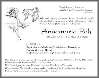 Traueranzeige von Annemarie Pohl von Memminger Zeitung