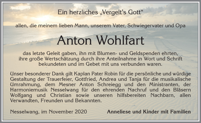 Traueranzeige für Anton Wohlfart vom 27.11.2020 aus Allgäuer Zeitung, Füssen