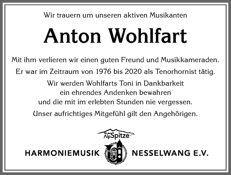  Traueranzeige für Anton Wohlfart vom 19.11.2020 aus Allgäuer Zeitung, Füssen
