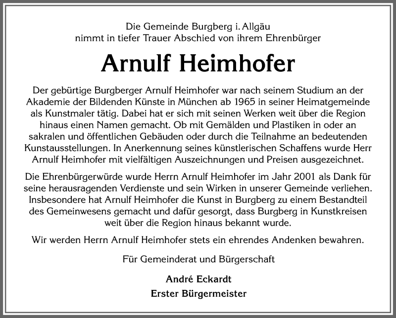  Traueranzeige für Arnulf Heimhofer vom 19.11.2020 aus Allgäuer Anzeigeblatt