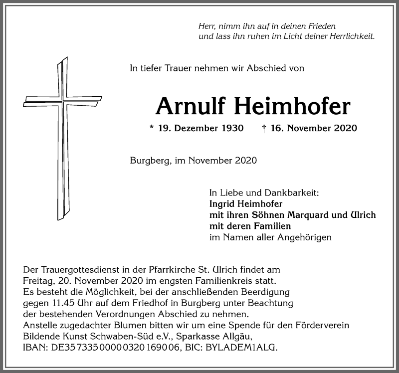  Traueranzeige für Arnulf Heimhofer vom 19.11.2020 aus Allgäuer Zeitung