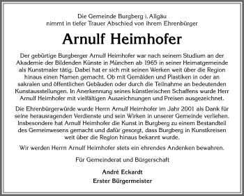 Traueranzeige von Arnulf Heimhofer von Allgäuer Anzeigeblatt