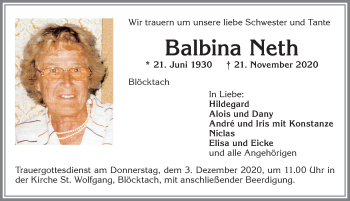 Traueranzeige von Balbina Neth von Allgäuer Zeitung, Kaufbeuren/Buchloe