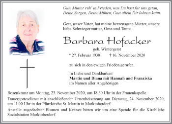 Traueranzeige von Barbara Hofacker von Allgäuer Zeitung, Marktoberdorf