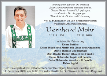 Traueranzeige von Bernhard Mohr von Allgäuer Zeitung