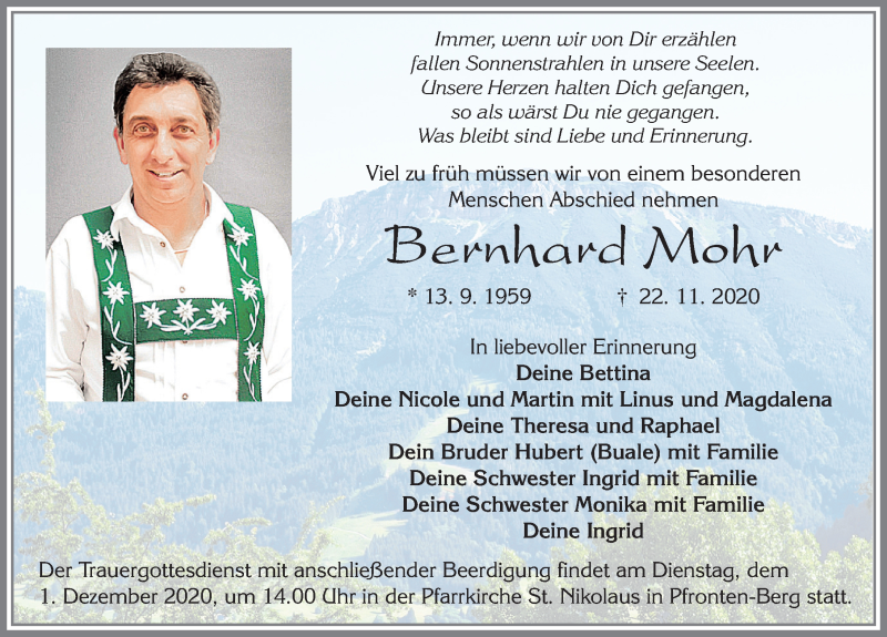  Traueranzeige für Bernhard Mohr vom 27.11.2020 aus Allgäuer Zeitung