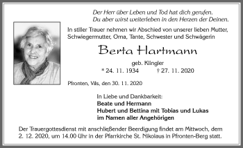 Traueranzeige von Berta Hartmann von Allgäuer Zeitung, Füssen