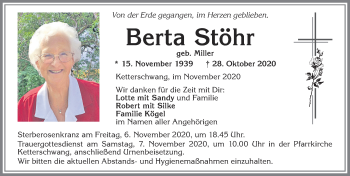 Traueranzeige von Berta Stöhr von Allgäuer Zeitung, Kaufbeuren/Buchloe