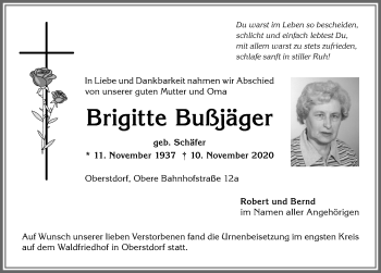 Traueranzeige von Brigitte Bußjäger von Allgäuer Anzeigeblatt