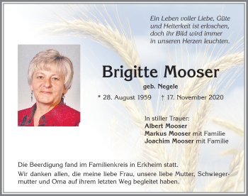 Traueranzeige von Brigitte Mooser von Memminger Zeitung