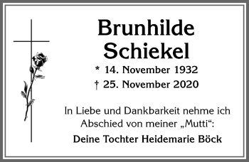 Traueranzeige von Brunhilde Schiekel von Allgäuer Zeitung,Kempten
