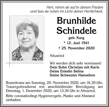 Traueranzeige von Brunhilde Schindele von Allgäuer Zeitung,Kempten