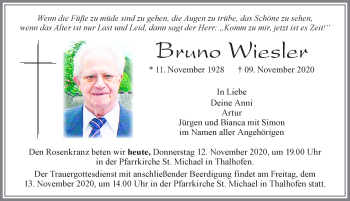 Traueranzeige von Bruno Wiesler von Allgäuer Zeitung, Marktoberdorf