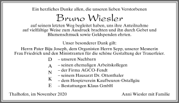 Traueranzeige von Bruno Wiesler von Allgäuer Zeitung, Marktoberdorf
