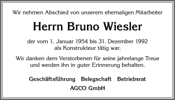 Traueranzeige von Bruno Wiesler von Allgäuer Zeitung, Marktoberdorf