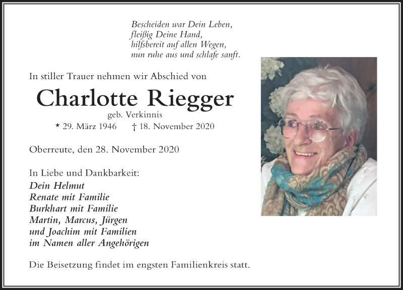  Traueranzeige für Charlotte Riegger vom 28.11.2020 aus Der Westallgäuer