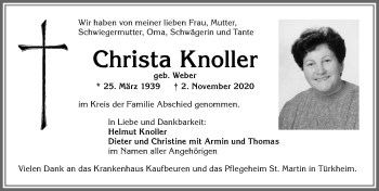Traueranzeige von Christa Knoller von Allgäuer Zeitung, Kaufbeuren/Buchloe
