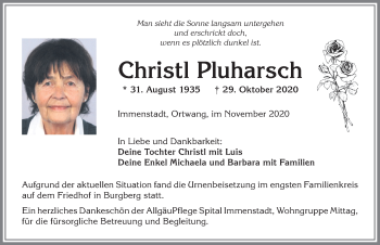 Traueranzeige von Christl Pluharsch von Allgäuer Anzeigeblatt