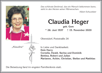 Traueranzeige von Claudia Heger von Allgäuer Anzeigeblatt