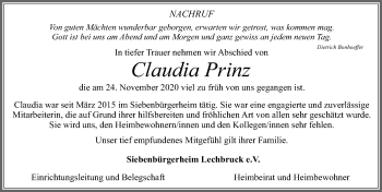 Traueranzeige von Claudia Prinz von Allgäuer Zeitung, Füssen