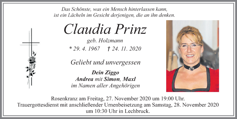  Traueranzeige für Claudia Prinz vom 26.11.2020 aus Allgäuer Zeitung, Füssen