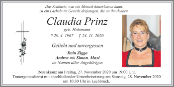 Traueranzeige von Claudia Prinz von Allgäuer Zeitung, Füssen