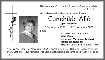 Traueranzeige von Cunehilde Alle von Allgäuer Zeitung, Füssen