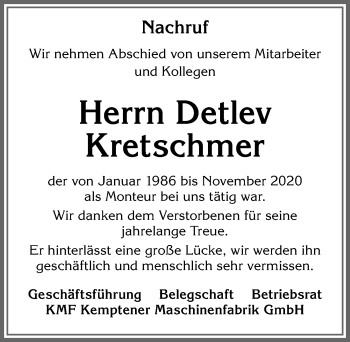 Traueranzeige von Detlev Kretschmer von Allgäuer Zeitung,Kempten