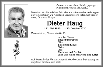 Traueranzeige von Dieter Haug von Allgäuer Zeitung, Kaufbeuren/Buchloe