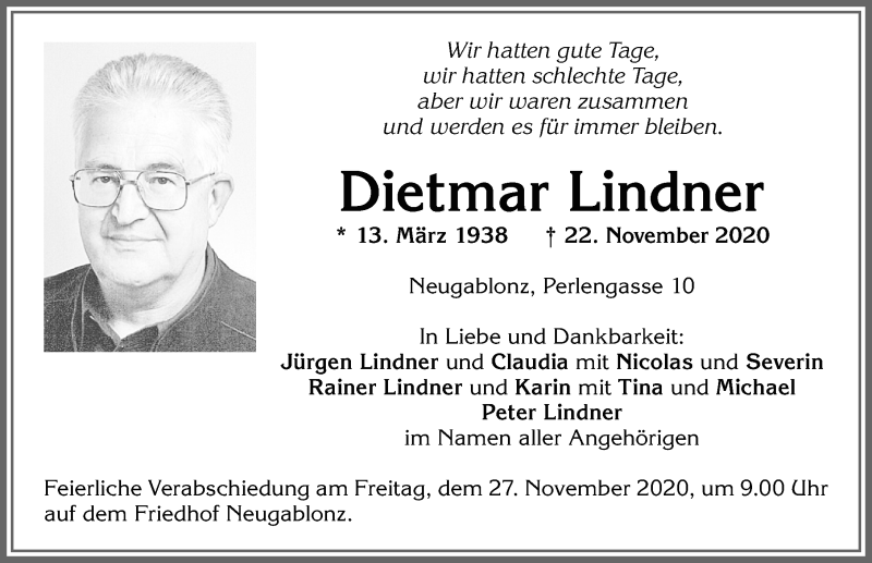  Traueranzeige für Dietmar Lindner vom 25.11.2020 aus Allgäuer Zeitung, Kaufbeuren/Buchloe