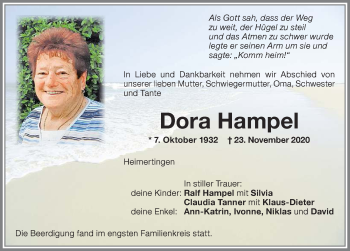 Traueranzeige von Dora Hampel von Memminger Zeitung
