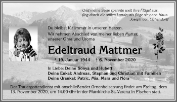 Traueranzeige von Edeltraud Mattmer von Allgäuer Anzeigeblatt