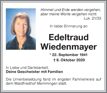 Traueranzeige von Edeltraud Wiedenmayer von Memminger Zeitung