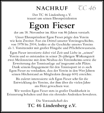 Traueranzeige von Egon Fieser von Der Westallgäuer