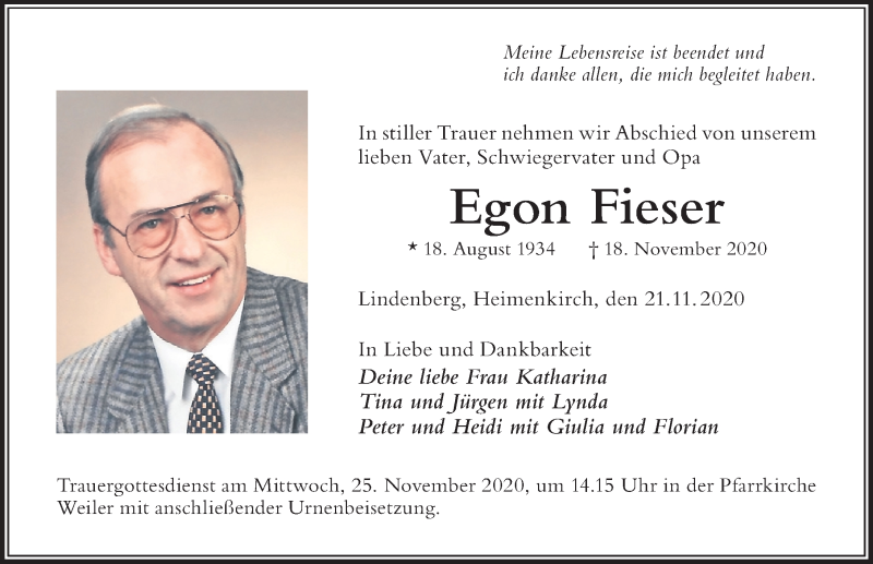  Traueranzeige für Egon Fieser vom 21.11.2020 aus Der Westallgäuer
