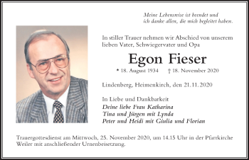 Traueranzeige von Egon Fieser von Der Westallgäuer