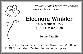 Traueranzeige von Eleonore Winkler von Allgäuer Zeitung,Kempten