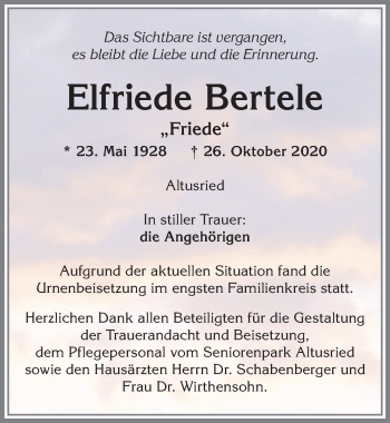 Traueranzeige von Elfriede Bertele von Allgäuer Zeitung,Kempten