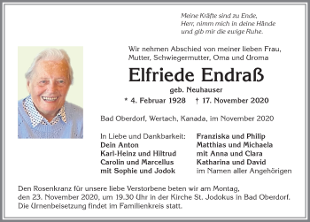 Traueranzeige von Elfriede Endraß von Allgäuer Anzeigeblatt