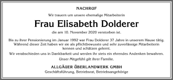 Traueranzeige von Elisabeth Dolderer von Allgäuer Zeitung,Kempten