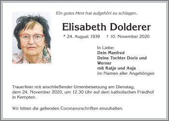 Traueranzeige von Elisabeth Dolderer von Allgäuer Zeitung,Kempten