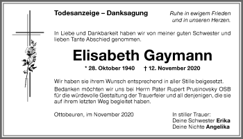 Traueranzeige von Elisabeth Gaymann von Memminger Zeitung