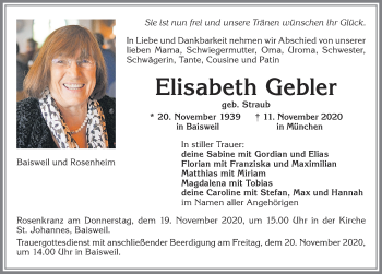 Traueranzeige von Elisabeth Gebler von Allgäuer Zeitung, Kaufbeuren/Buchloe