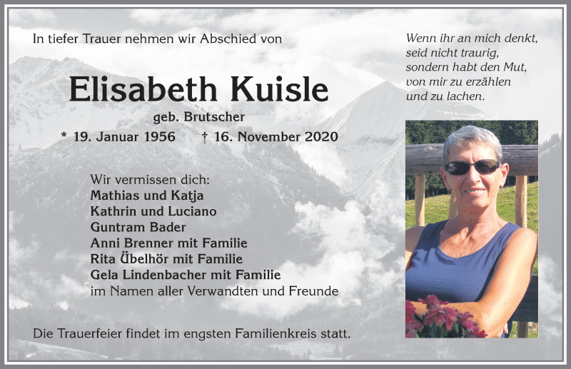  Traueranzeige für Elisabeth Kuisle vom 21.11.2020 aus Allgäuer Anzeigeblatt