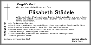 Traueranzeige von Elisabeth Städele von Allgäuer Zeitung, Kaufbeuren/Buchloe